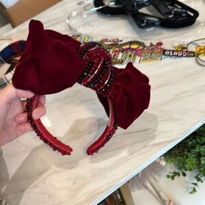 Luxurious Velvet and Beaded Oversized Bow Headband in Deep Red